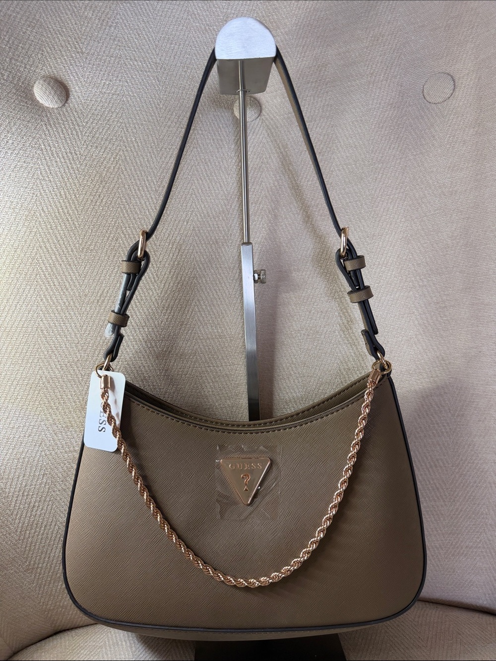 GUESS Olive-Taupe Shoulder Bag with Gold Chain Accent